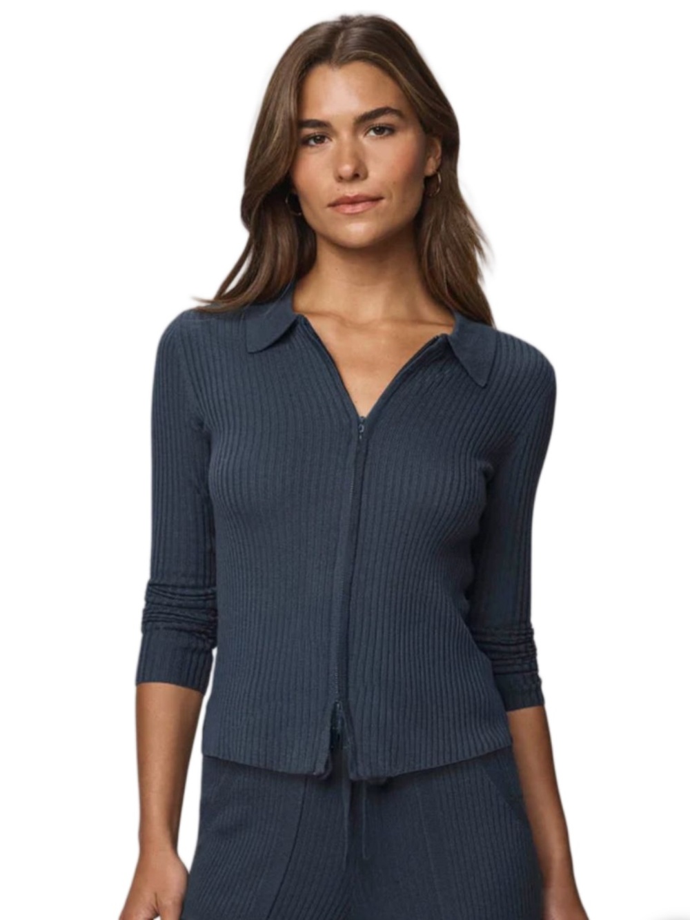 NEW Splendid Cashblend Ribbed Zip Sweater in Ice Navy